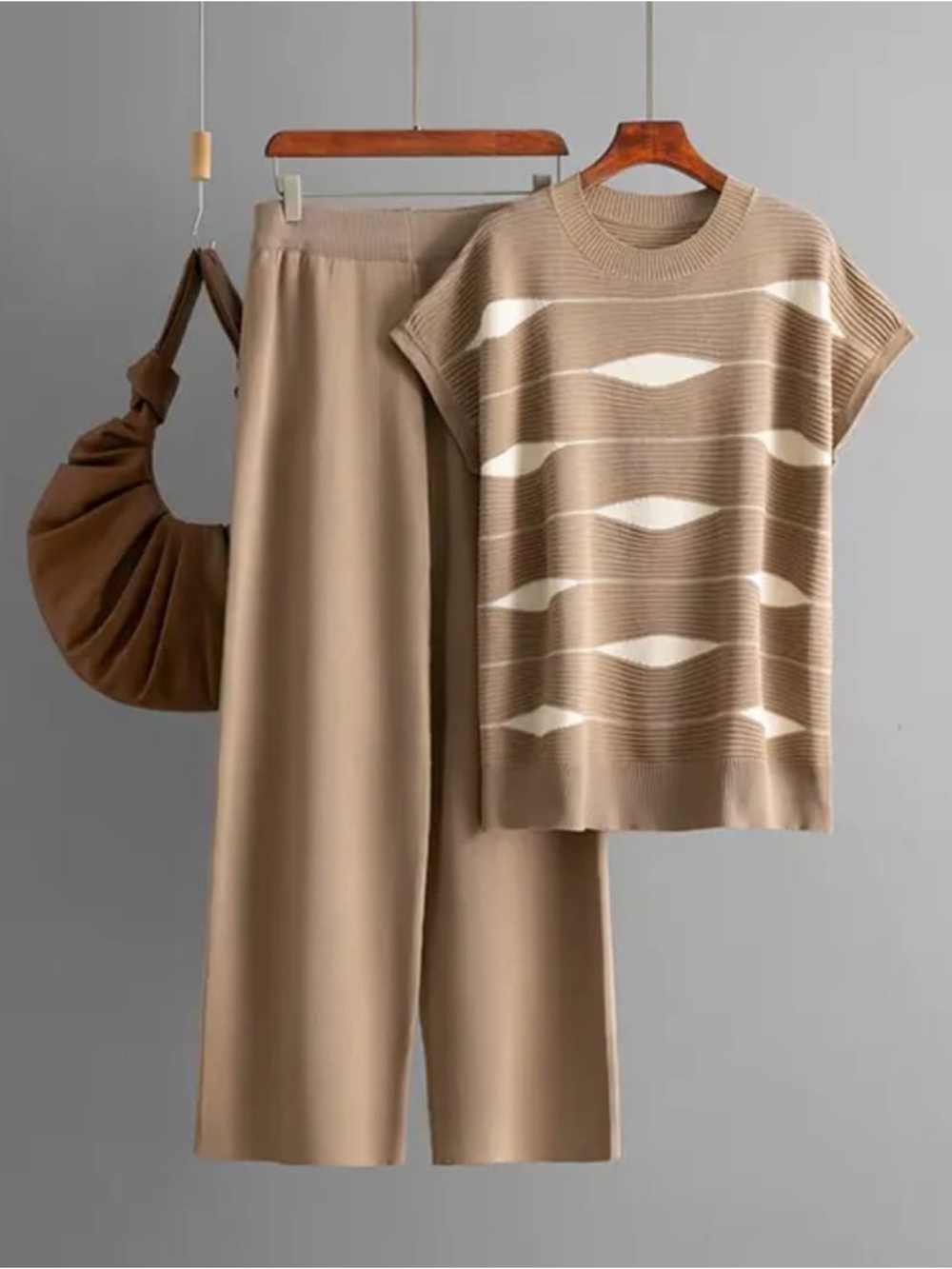 Beige Wide-Leg Knit Pants - Women's Casual Comfort